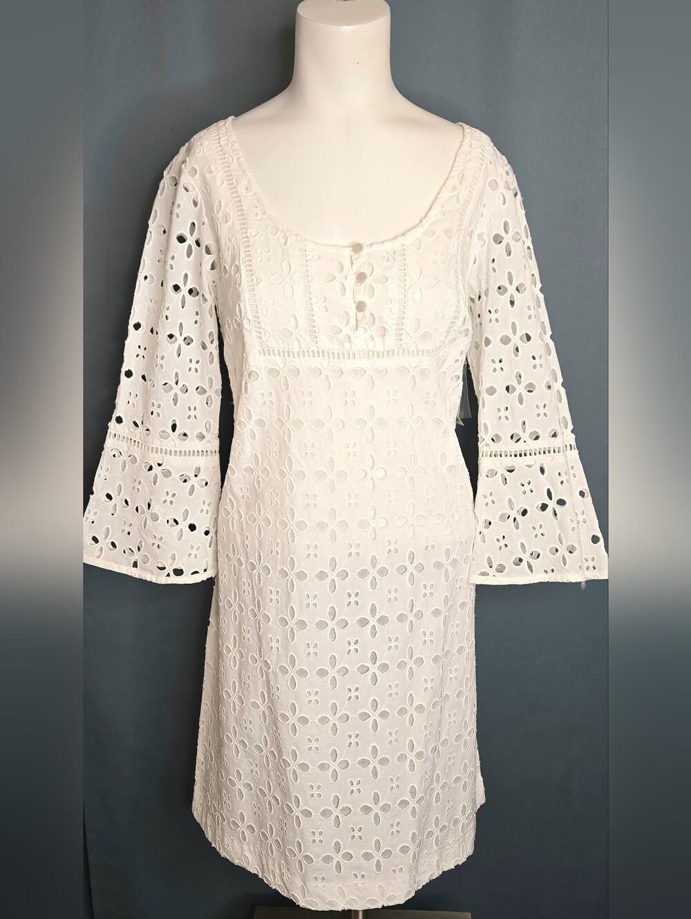 Dressbarn Boho White Cotton Eyelet Lace Dress Bell Sleeves Crochet Trim 8 NWT